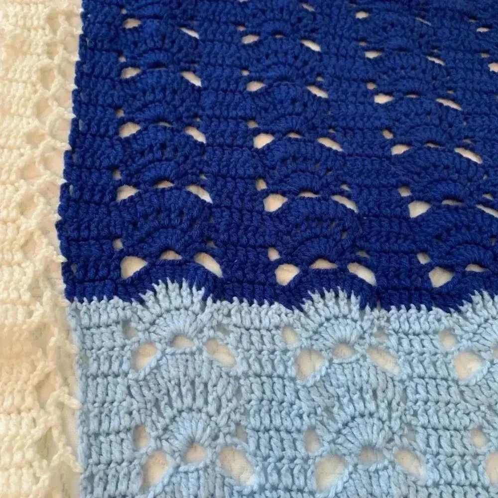 Afghan Crochet Blanket Size 54”x38” Ivory Blue Purple Lacy Edge Hand Crafted New